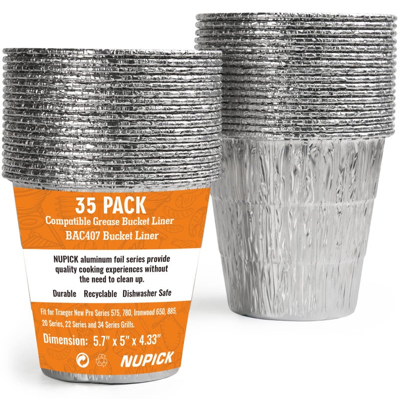 NUPICK 35 Pack BAC407 Grease Bucket Liner Compatible for Traeger Pro Series 575/780, 22/34 Series, Ironwood 650/885 Grills, Grill Accessories for Traeger, 4.9"" x 4.5"" - Image 1